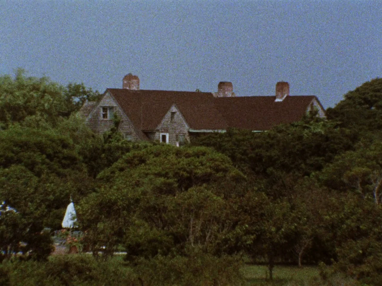 Grey Gardens (1975) movie still: establishing — A wooden shingle house with three chimneys sits behind dense green foliage. The sky is a flat,…