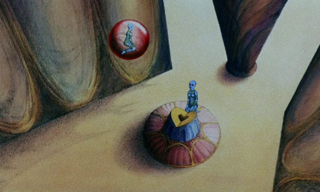 Fantastic Planet (1973) movie still: wide — A surreal landscape featuring large textured pillars surrounding a central decorative pedestal. A small…