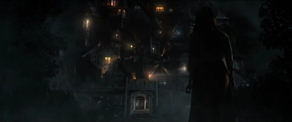 Abattoir (2016) movie still: wide — A massive, multi-storied Victorian mansion looms in the dark, surrounded by thick, low-lying mist. A woman…