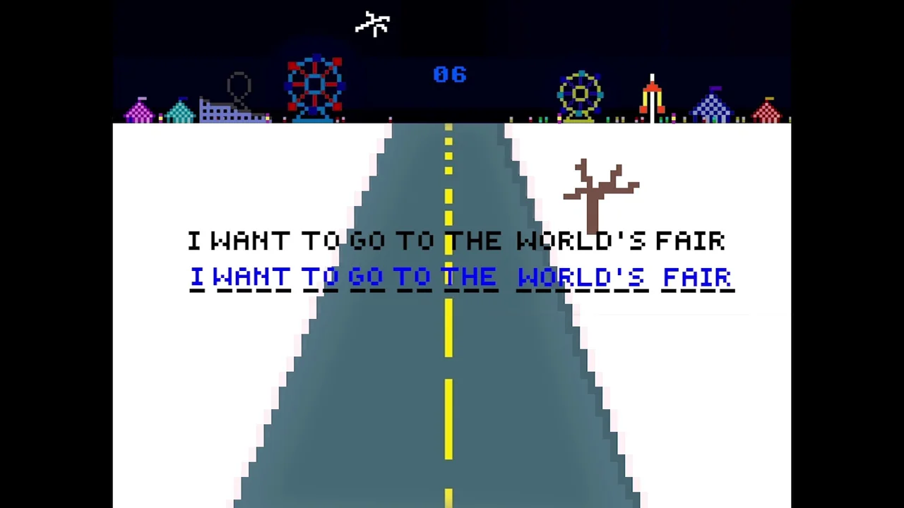 We’re All Going to the World’s Fair (2021) movie still: establishing — A stylized, low-resolution pixel art road stretches toward a distant…