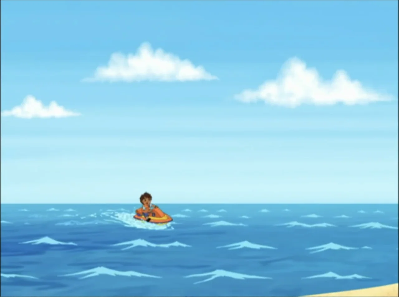 Dora the Explorer: Mermaid Adventures (2025) movie still: wide — A cartoon child travels across a bright blue ocean under a clear sky. A small…