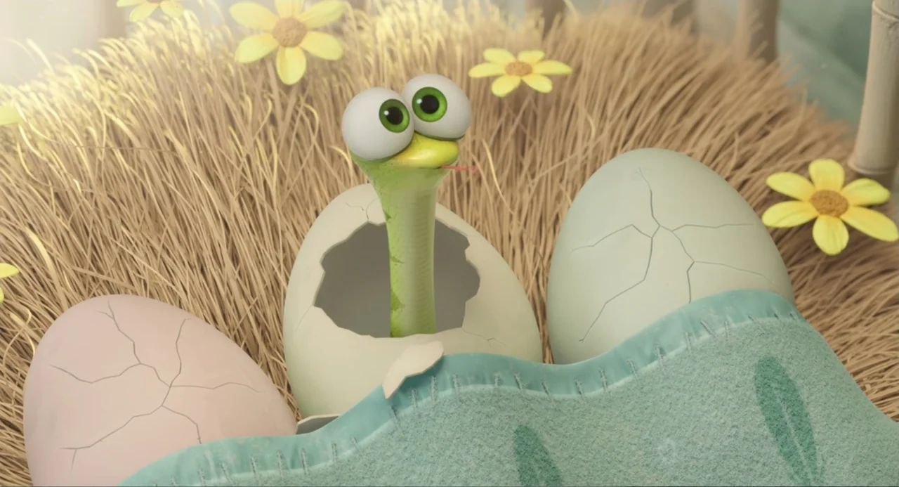 The Angry Birds Movie 2 (2019) movie still: medium — A straw-lined nest is filled with eggs and scattered yellow flowers. A tiny green snake with…