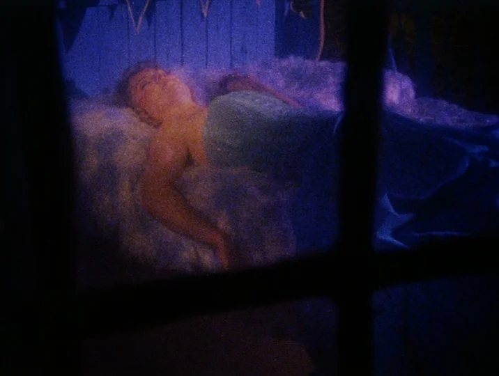 Careful (1992) movie still: medium — A darkened interior room seen through a dark window frame. A person sleeps on a plush bed while blue light…