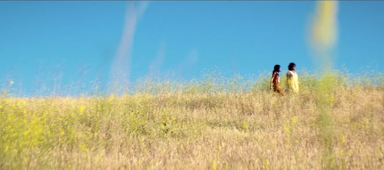 Fuzzy Head (2023) movie still: wide — A golden, grassy hillside rises toward a clear, vivid blue sky under direct sun. Two young women walk…