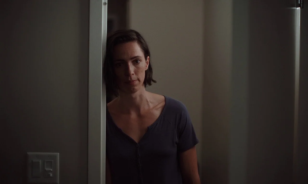 Resurrection (2022) movie still: medium — A dimly lit room interior features a person standing in a narrow door frame. The subject leans against the…