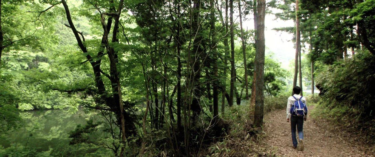 Norwegian Wood (2010) movie still: wide — A dense forest borders a calm, reflective lake on a sunny afternoon. A lone hiker with a backpack walks…