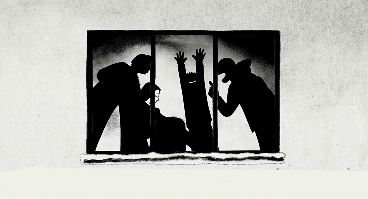 Persepolis (2007) movie still: medium — A high-contrast graphic representation of four figures silhouetted within a rectangular window pane. The…