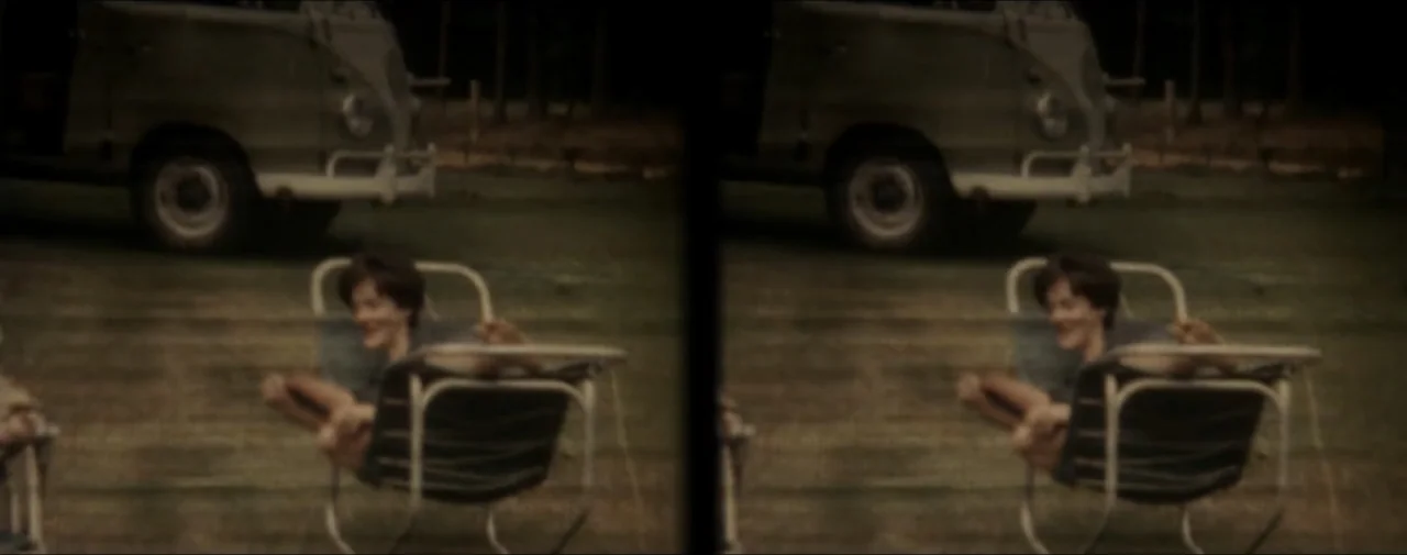 Hunting for Hedonia (2019) movie still: wide — A grassy lawn features a vintage van parked near some dark trees in the background. A person sits in…