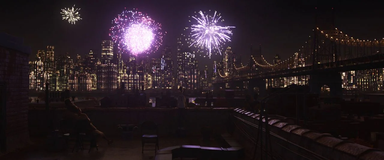 Soul (2020) movie still: wide — A dark rooftop overlooking a dense, illuminated city skyline at night. Large purple and white fireworks burst…