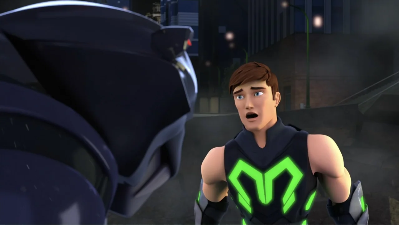 Max Steel: Turbo Warriors (2017) movie still: medium — A dark city street at night with distant urban infrastructure visible in the background. A…