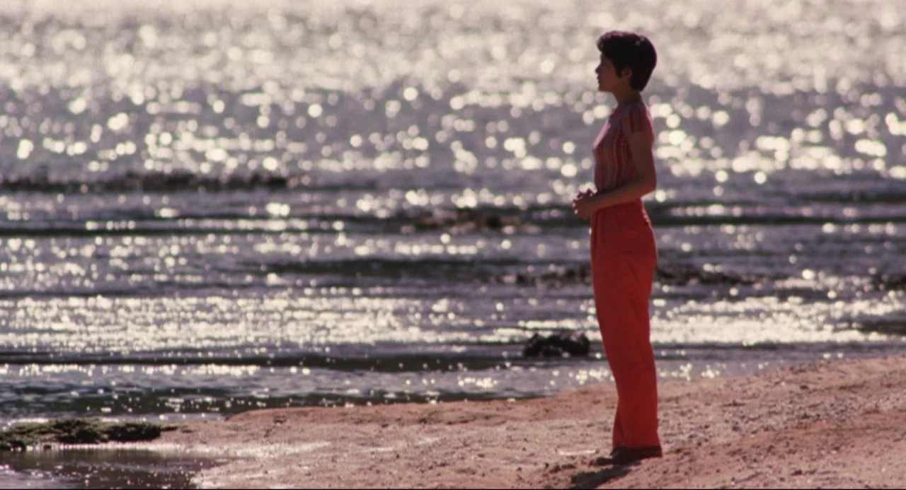 Godzilla vs. SpaceGodzilla (1994) movie still: fullbody — A sandy shoreline meets the edge of the ocean under bright daylight conditions. A young…