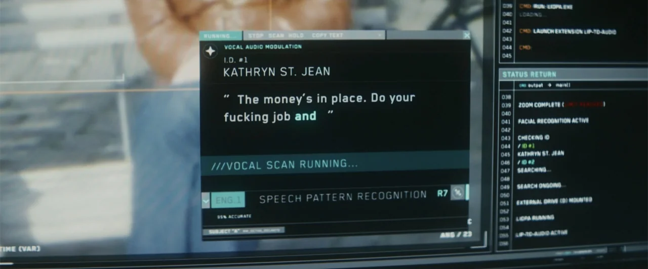 Black Bag (2025) movie still: closeup — A close-up view of a digital interface on a computer screen displaying audio analysis software. White text…