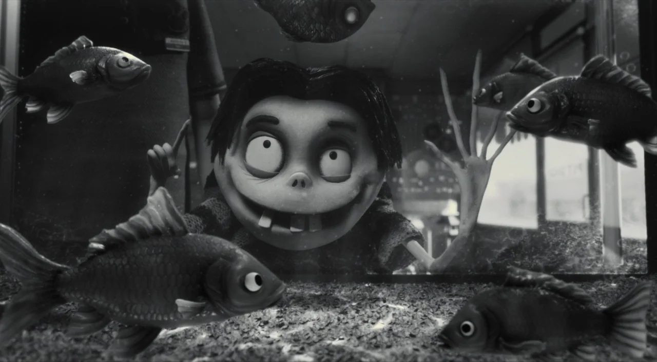 Frankenweenie (2012) movie still: closeup — A boy peers through the glass of a fish tank filled with swimming carp. The boy places his long,…