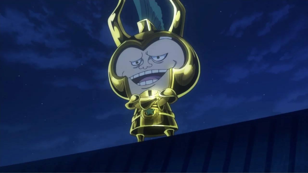 One Piece Film: GOLD (2016) movie still: medium — A character stands atop a dark, sloped surface at night under a blue sky. The armored figure is…