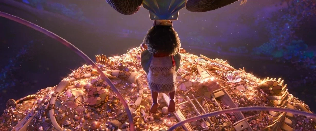 Moana (2016) movie still: fullbody — A dark underwater environment features a massive, glowing pile of gold coins and seashells. A girl with dark…