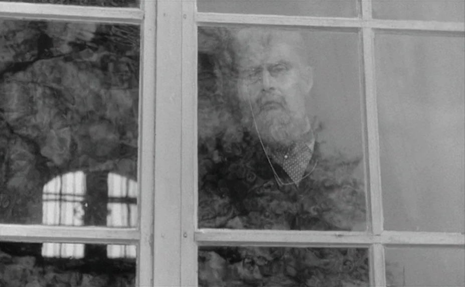 Judex (1966) movie still: closeup — A glass window pane reflects the exterior environment including tree foliage and light. An elderly man is seen…