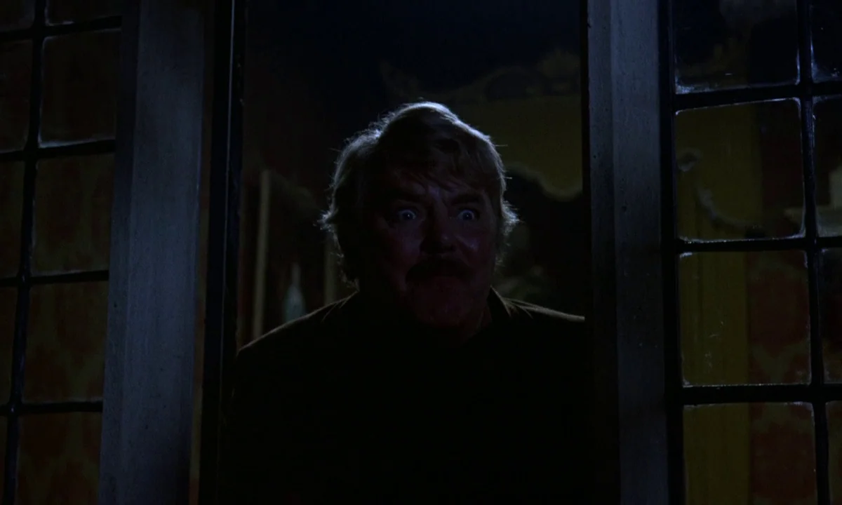 Vampire Circus (1972) movie still: medium — A man looks through a rectangular doorway framed by dark wooden panes at night. He stands in a dark…