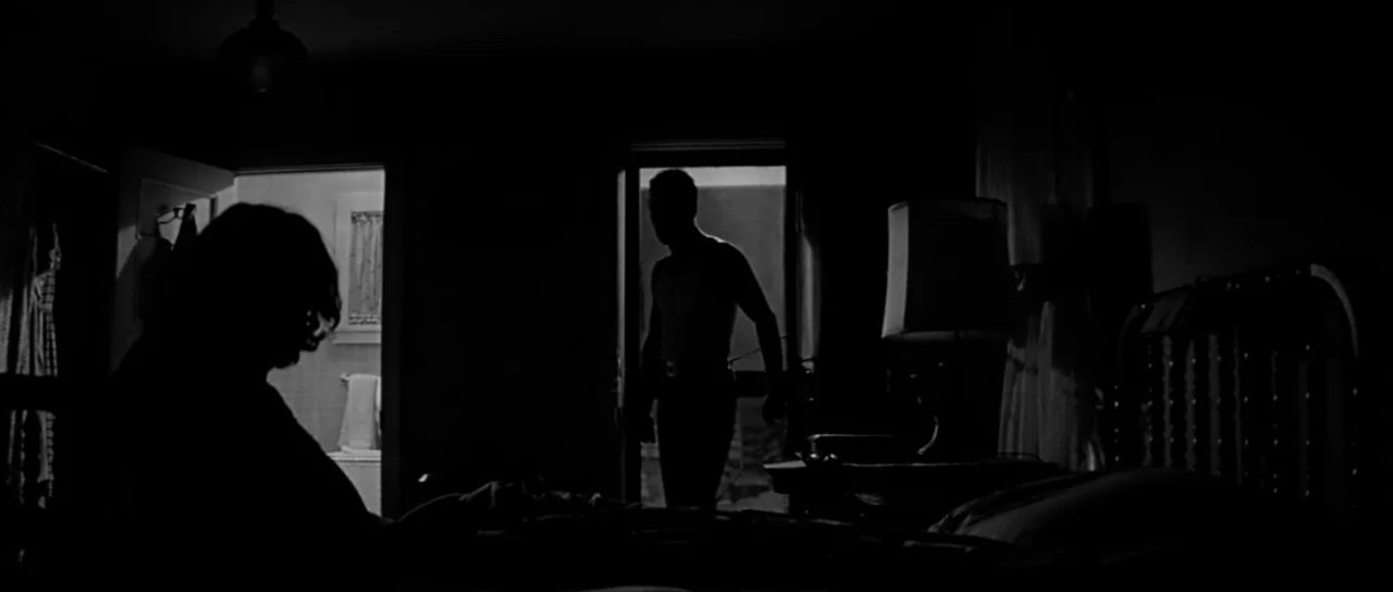 Hud (1963) movie still: wide — A dark, cramped motel space with a visible bathroom door and an iron bed frame. A man stands framed in the bright…