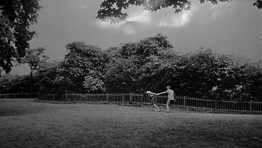 Blow-Up (1966) movie still: wide — A grassy field is bounded by a thin wooden fence and dense foliage. Two people hold hands while walking together…