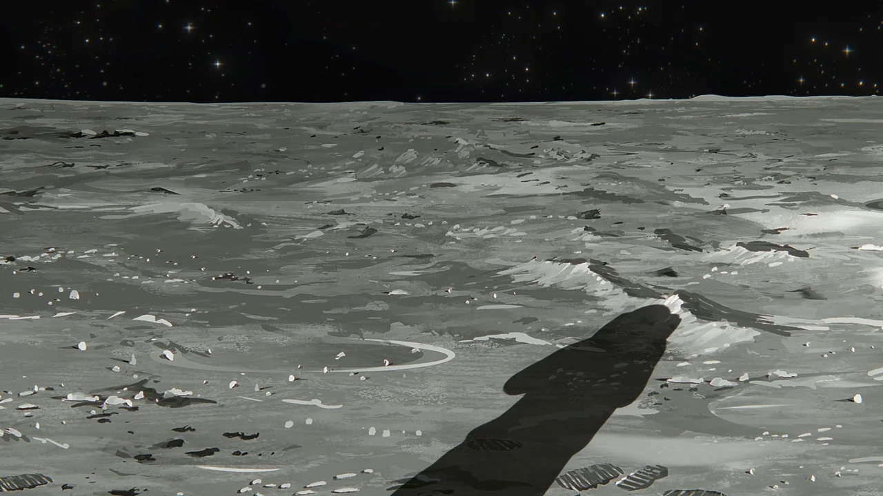 Apollo 10½: A Space Age Childhood (2022) movie still: establishing — An expanse of grey, cratered terrain extends toward a black, star-filled…