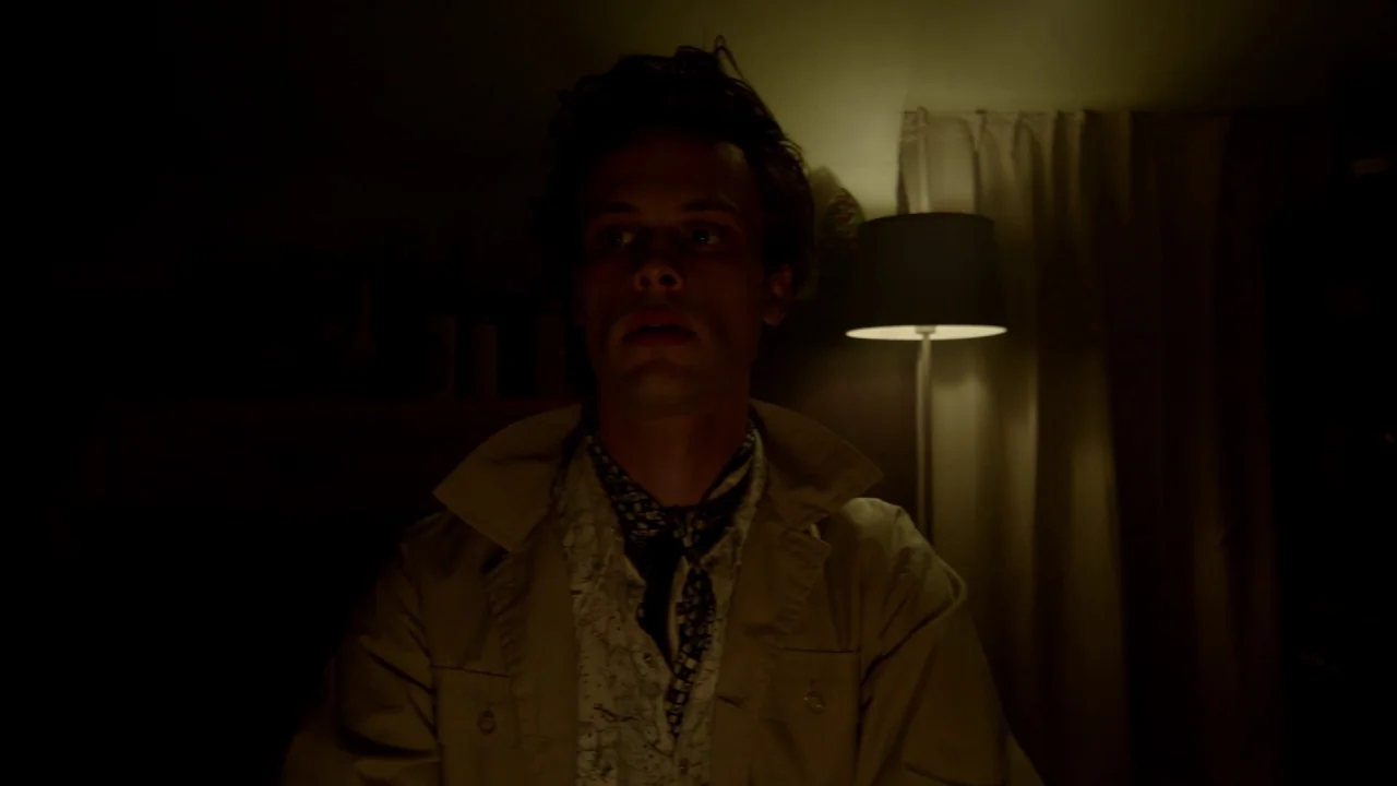 Suburban Gothic (2014) movie still: medium — A dim room interior features a tall floor lamp standing against a curtained window. A man with messy…