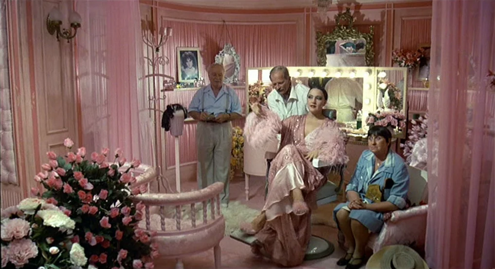 Intervista (1987) movie still: fullbody — A pink-themed room features matching curtains, furniture, and wall paneling throughout the space. A…