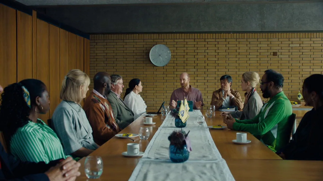 Club Zero (2023) movie still: wide — A mid-century modern conference room features yellow brick walls and wood paneled siding. A diverse group of…