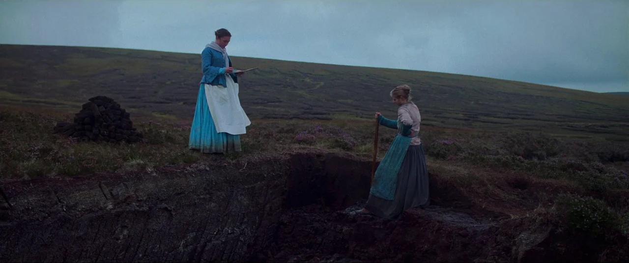 The Wonder (2022) movie still: wide — A vast, overcast moorland landscape features rolling hills and purple heather under a cloudy sky. One woman…