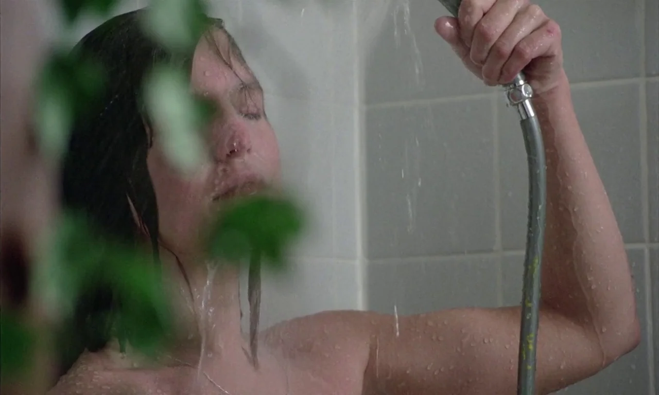 The Lost Honour of Katharina Blum (1975) movie still: closeup — A woman stands in a tiled shower stall with water cascading from a handset. She…