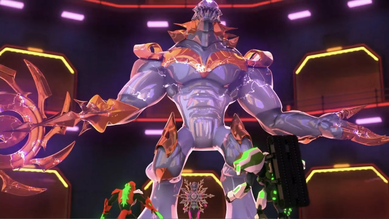 Max Steel: Turbo Warriors (2017) movie still: fullbody — A dark, expansive indoor arena is lined with glowing purple geometric neon panels. A giant…