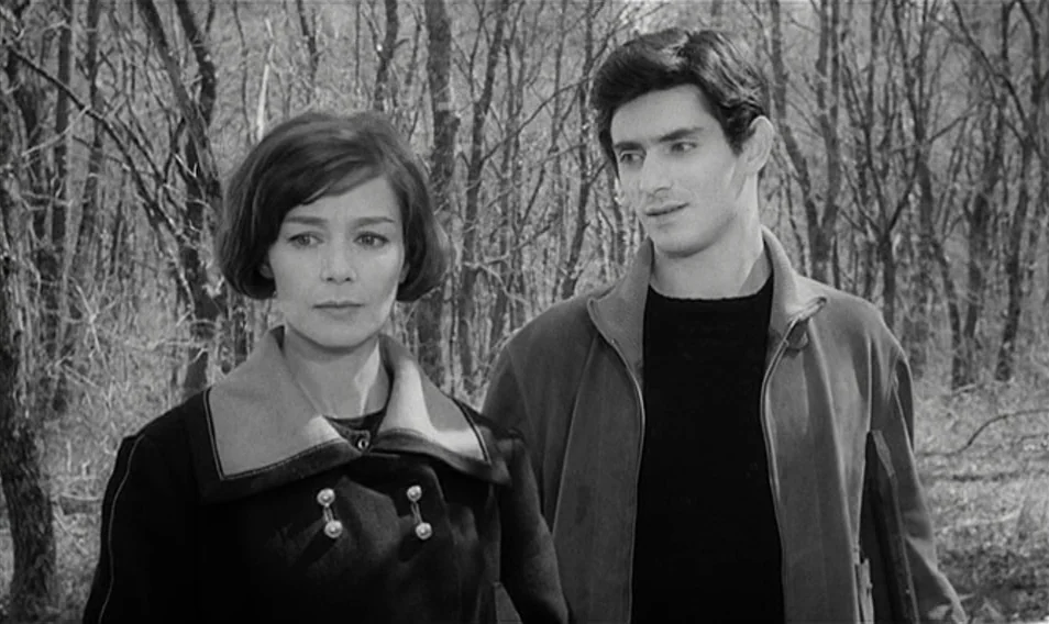 Thérèse Desqueyroux (1962) movie still: medium — A dense woodland filled with leafless trees provides the backdrop for two people. A woman and a man…