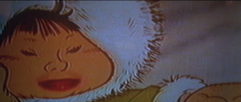Pulp Fiction (1994) movie still: closeup — A 2D animated close-up of a young child wearing a thick fur-lined winter hood. The child has a round face…