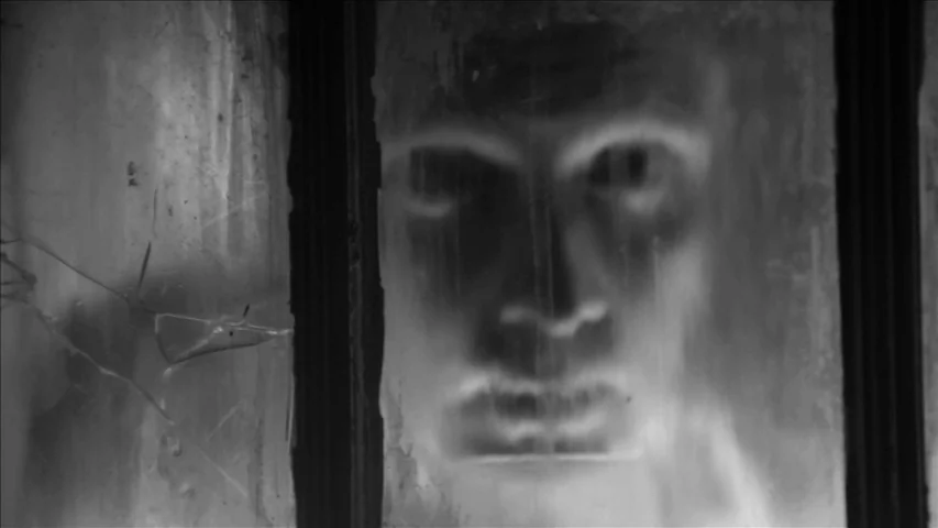 Keyhole (2011) movie still: closeup — A human face is visible behind a pane of cracked glass window. The features of the face are blurry due to the…