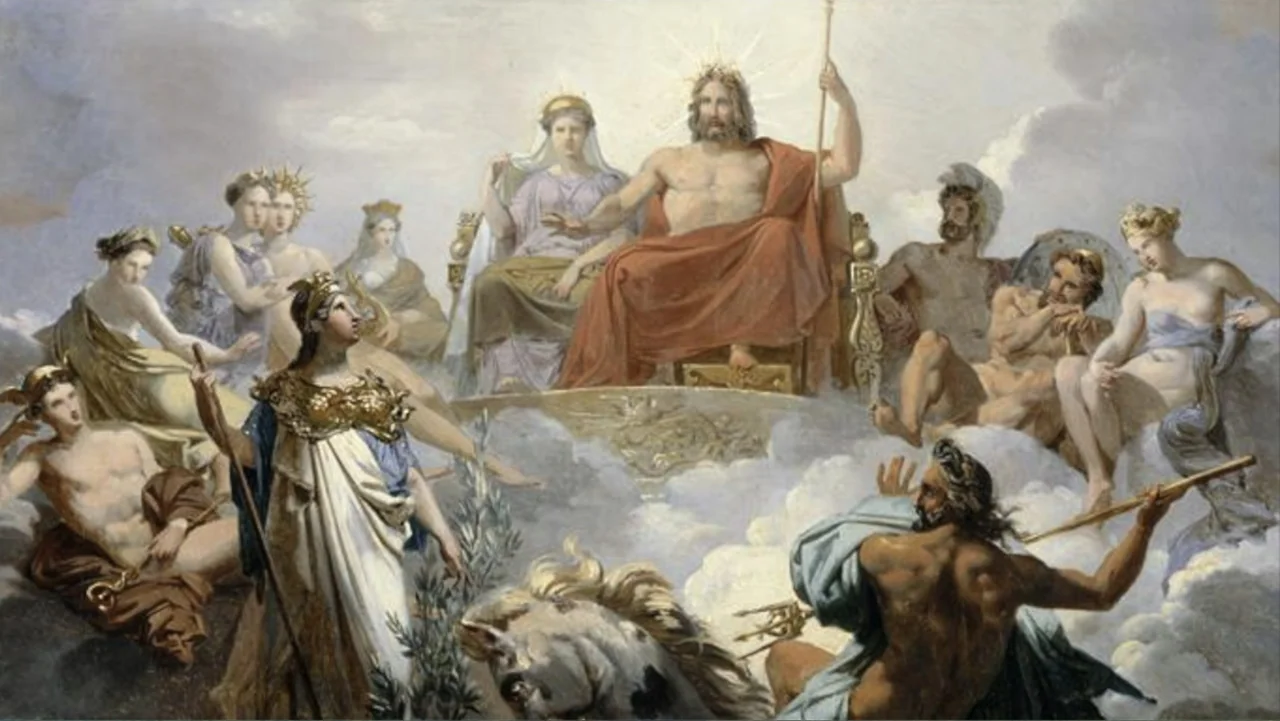 The Atlantis Puzzle (2024) movie still: wide — A group of mythological figures sit and stand atop a dense bank of clouds. A central bearded man…