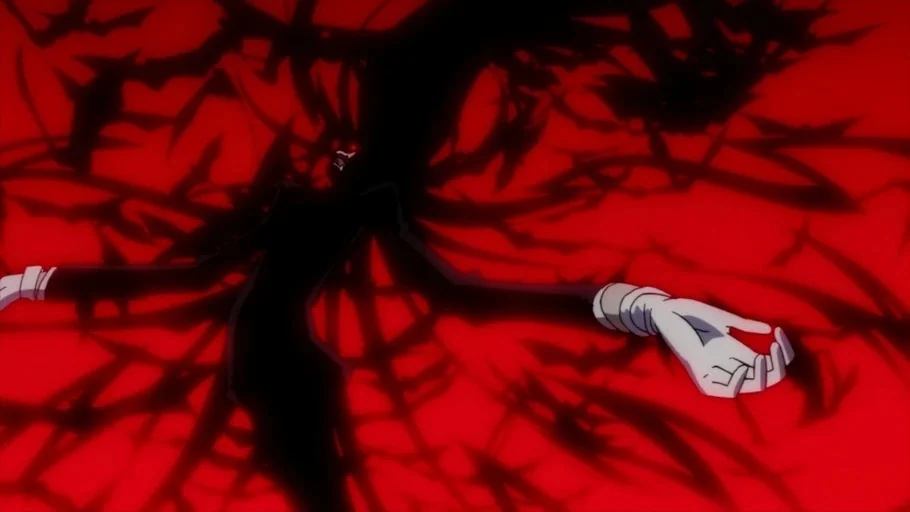 Hellsing Ultimate (2006) movie still: medium — A dark humanoid figure is suspended against a flat, vibrant crimson background. Black thorny tendrils…