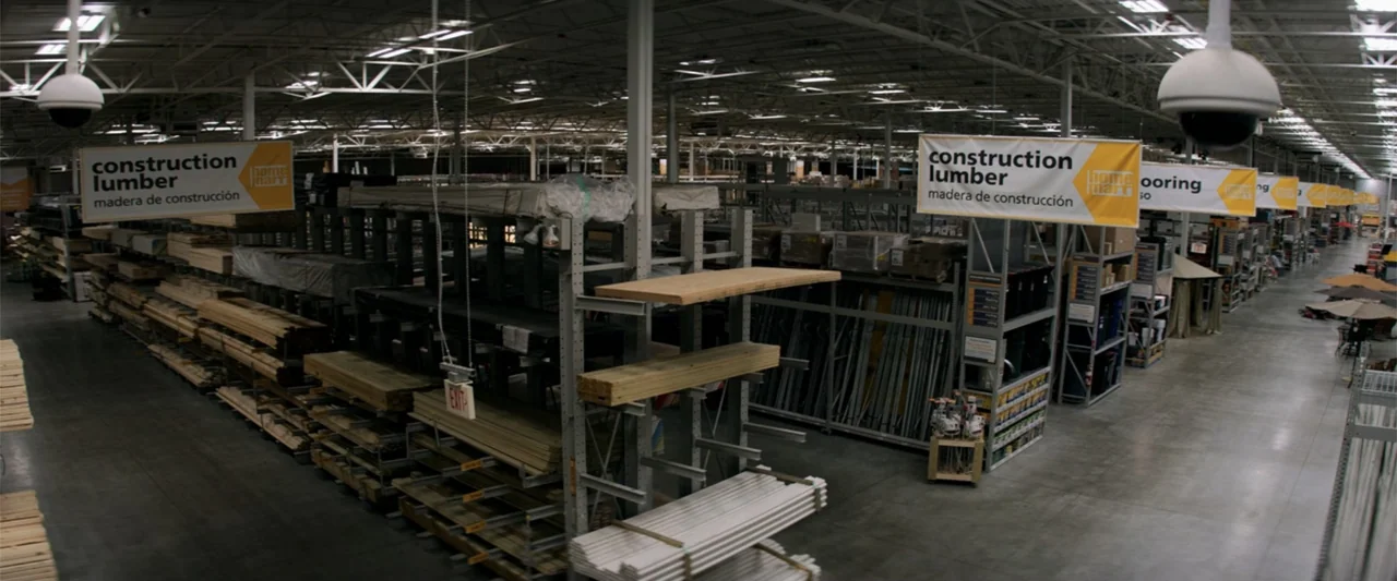 The Equalizer (2014) movie still: establishing — An expansive hardware store interior features long rows of metal shelving stocked with lumber.…