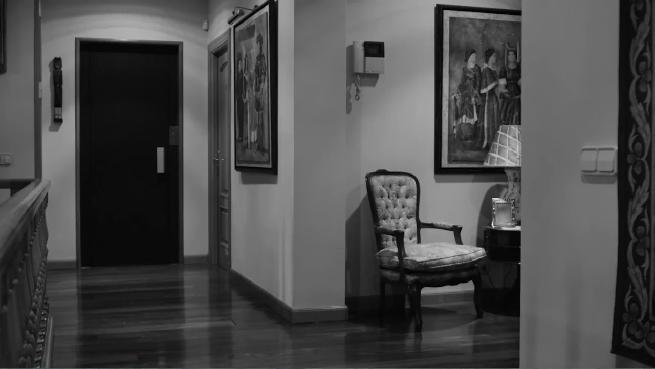Creditors (2025) movie still: wide — An apartment hallway with dark wooden floors and white walls featuring framed classical paintings. An antique…