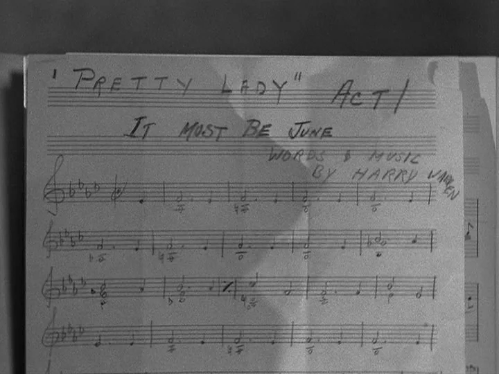 42nd Street (1933) movie still: closeup — A piece of handwritten sheet music rests on a table surface. The title reads 'Pretty Lady' Act I, with the…