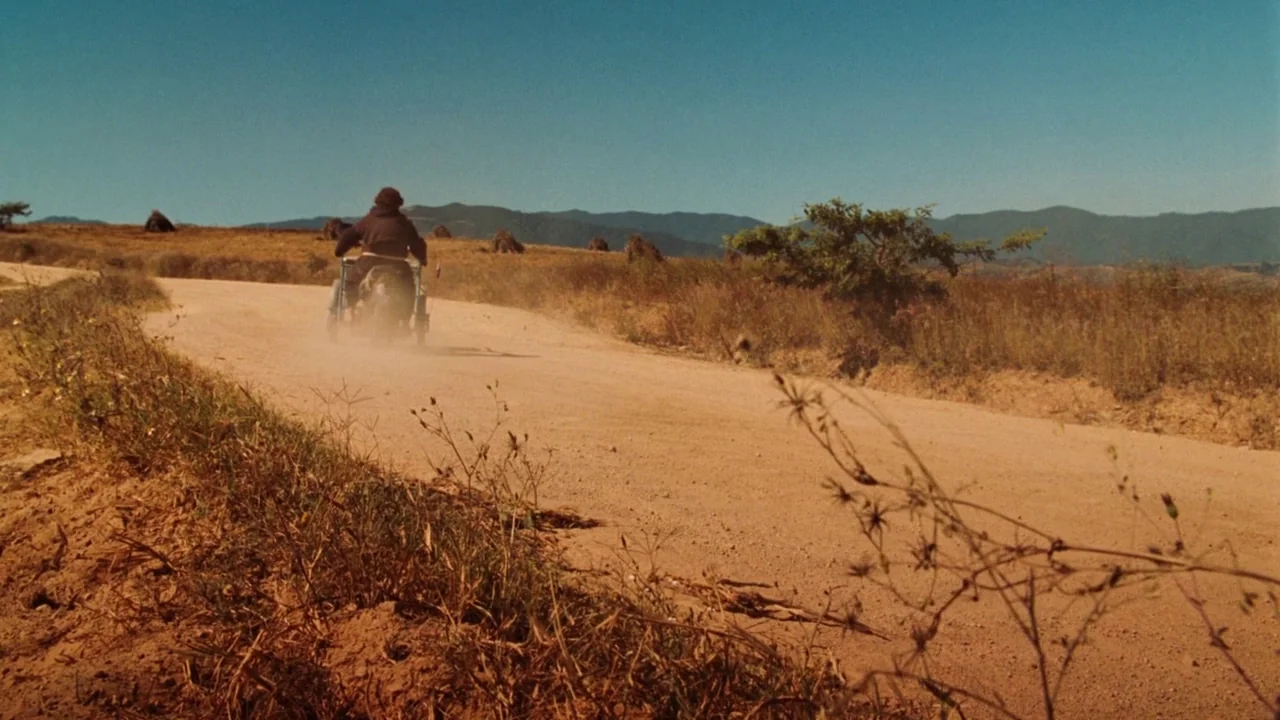 Nacho Libre (2006) movie still: wide — A dusty rural dirt road cuts through a dry landscape under a clear sky. A person travels away from the camera…