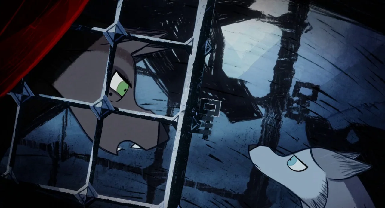 Wolfwalkers (2020) movie still: medium — A dark space features heavy iron bars separating two wolf characters in shadow. The larger wolf stares from…