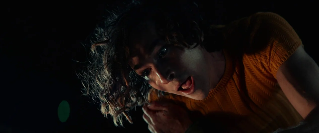Halloween Kills (2021) movie still: closeup — A person with curly hair peers down into an abyss of complete darkness. They wear a mustard yellow top…