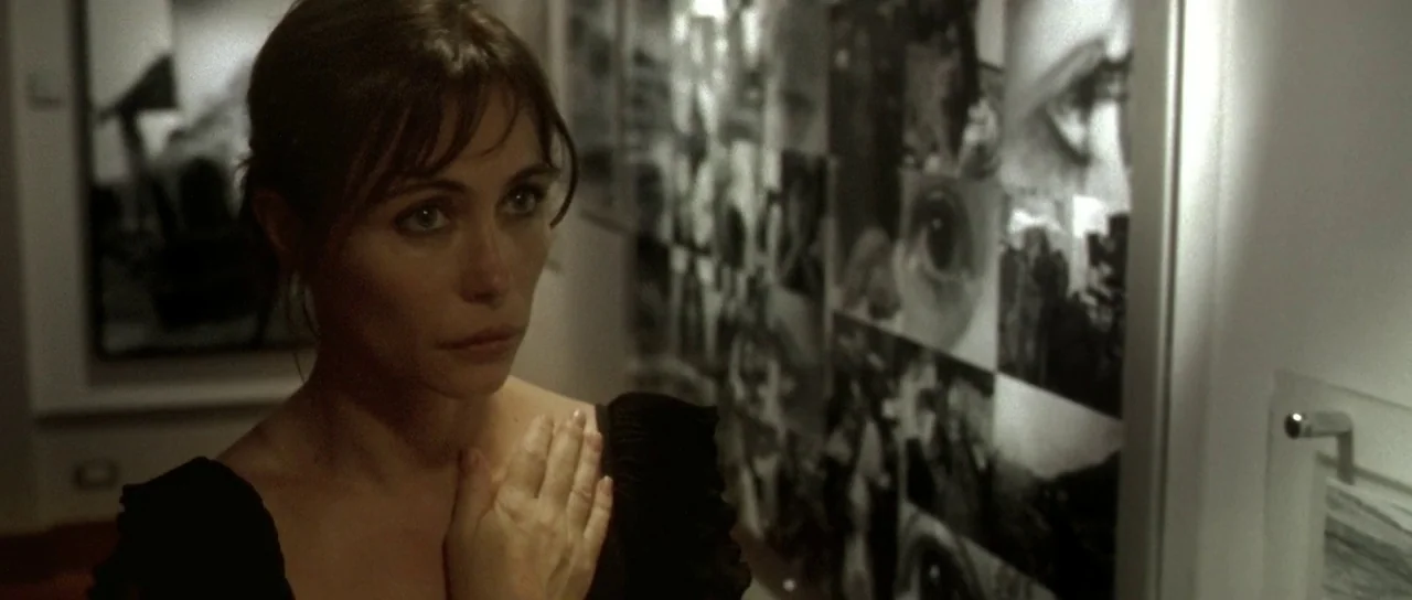 Vinyan (2008) movie still: closeup — An interior hallway features walls covered with a grid of black and white photographs. A woman stands in the…
