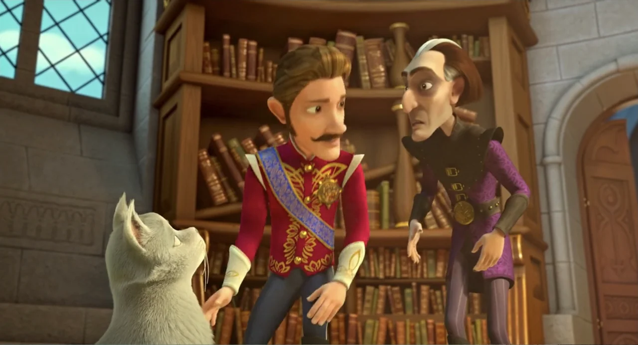 The Princess and the Dragon (2018) movie still: medium — A stone-walled room features large wooden bookshelves filled with aged, leather-bound…