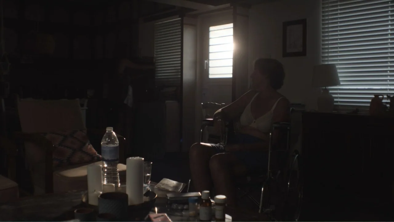 Hot Milk (2025) movie still: medium — A dark, cluttered living room contains a single window with drawn blinds. An older woman sits in a wheelchair…
