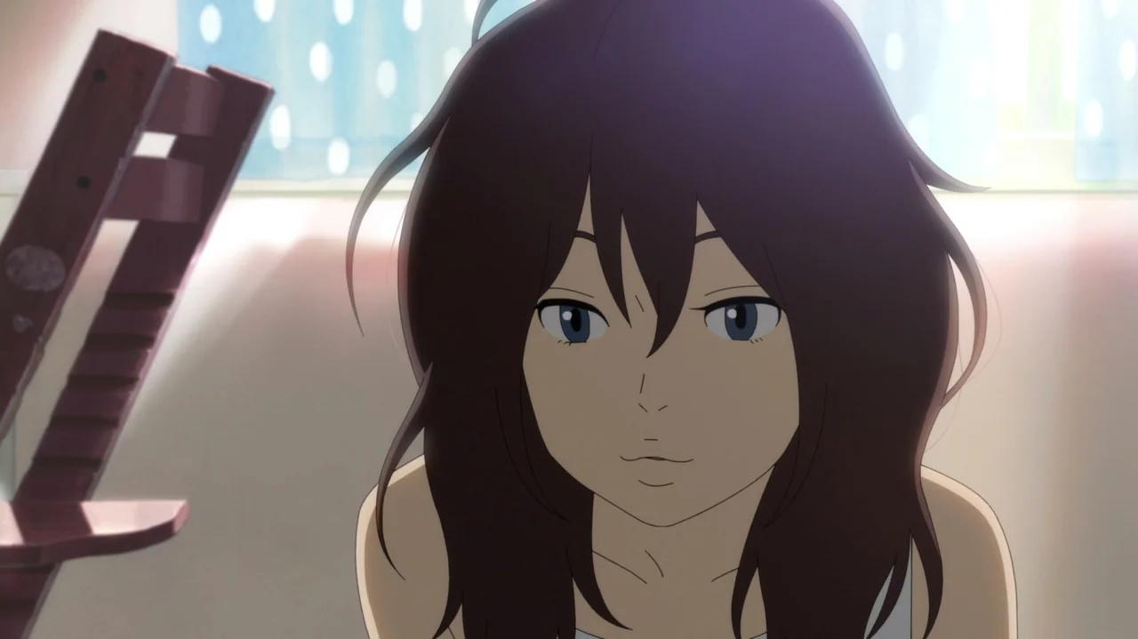 Napping Princess (2017) movie still: closeup — A light-filled room features a wooden chair near a window with polka-dot curtains. A young woman with…