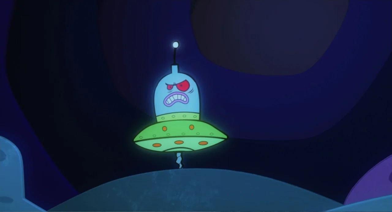 Despicable Me (2010) movie still: medium — A dark, abstract void serves as the background for a stylized hovering spaceship. The cartoon saucer…