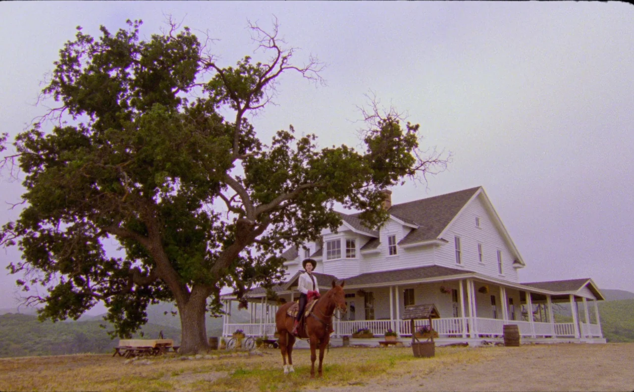 The Nowhere Inn (2020) movie still: wide — A white two-story farmhouse with a wraparound porch stands on a grassy rural hill. A person wearing a…