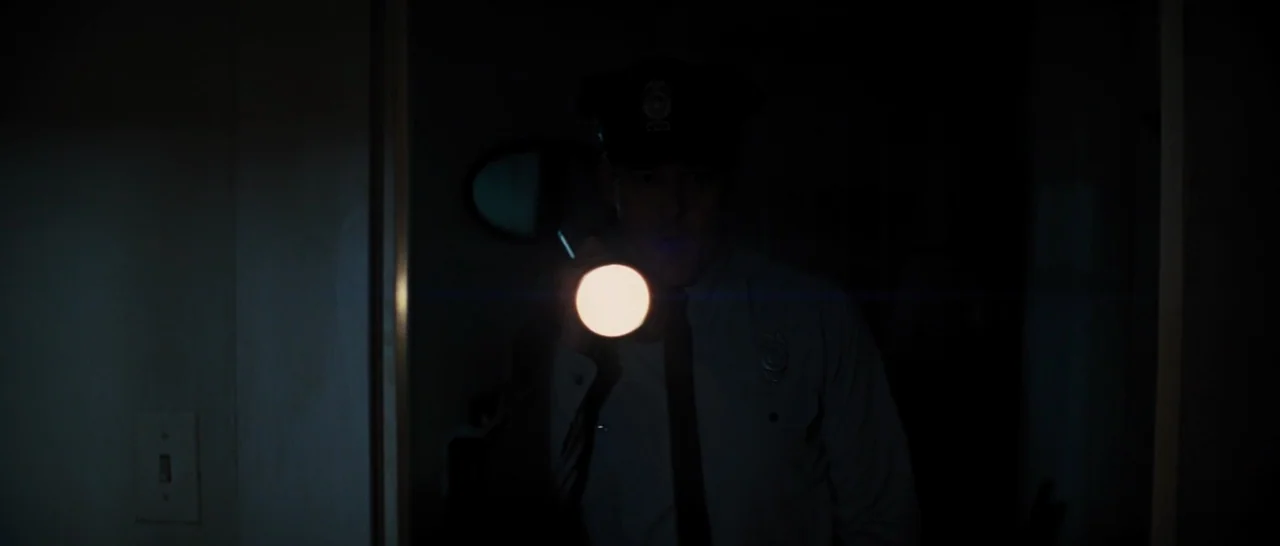 Loving (2016) movie still: medium — A dark, narrow residential hallway is swallowed by heavy shadows. A police officer holds a bright flashlight…
