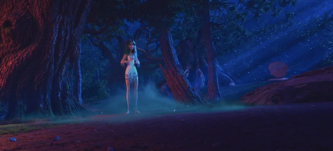 Mavka: The Forest Song (2023) movie still: fullbody — A dark, misty woodland environment filled with ancient gnarled trees and low-lying ground fog.…