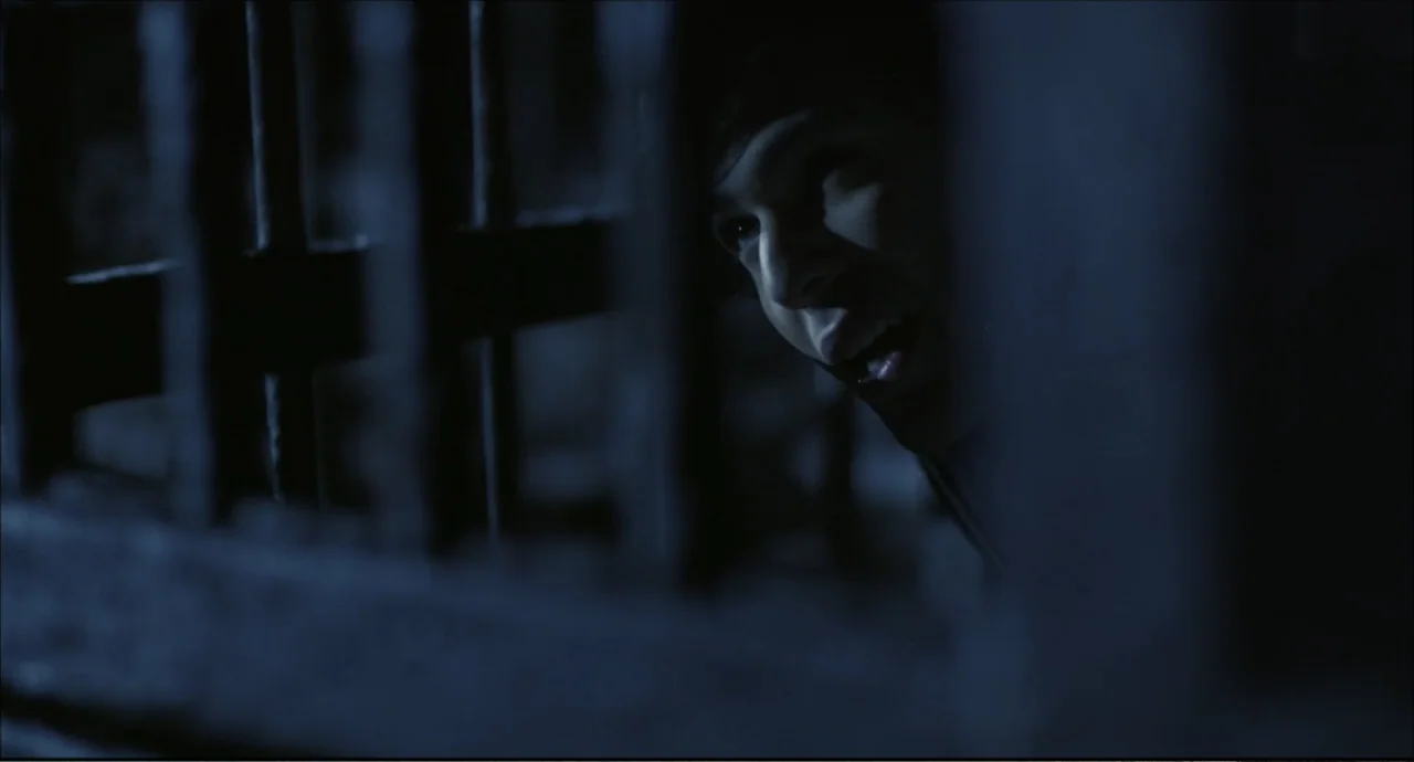 Freedom (2024) movie still: closeup — A dark, cramped prison cell featuring heavy vertical iron bars in the foreground. A young man looks out from…